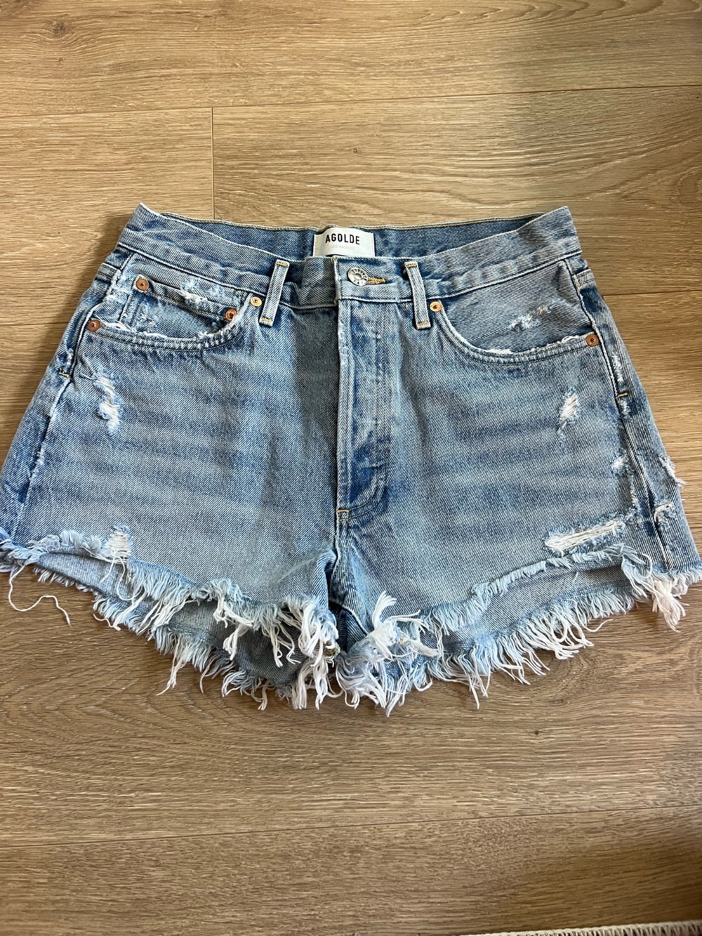 Agolde Light Blue High-Rise Distressed Denim Cutoff Shorts